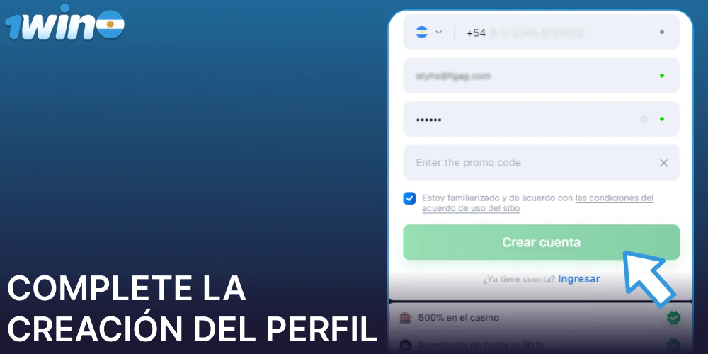 Complete la creación del perfil en 1win